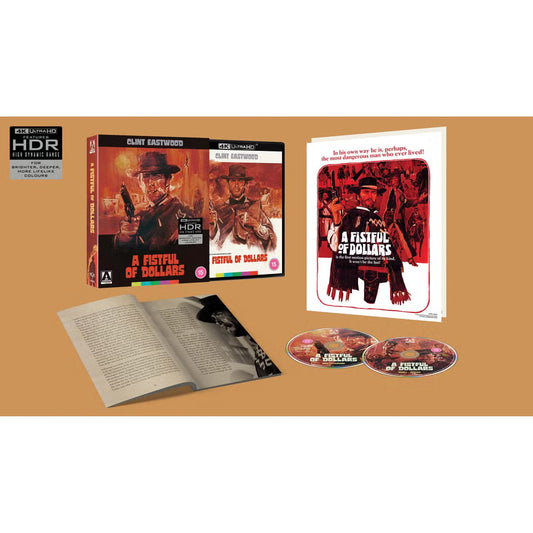 Fistful of Dollars 4K UHD set with box, poster, and book on a beige background